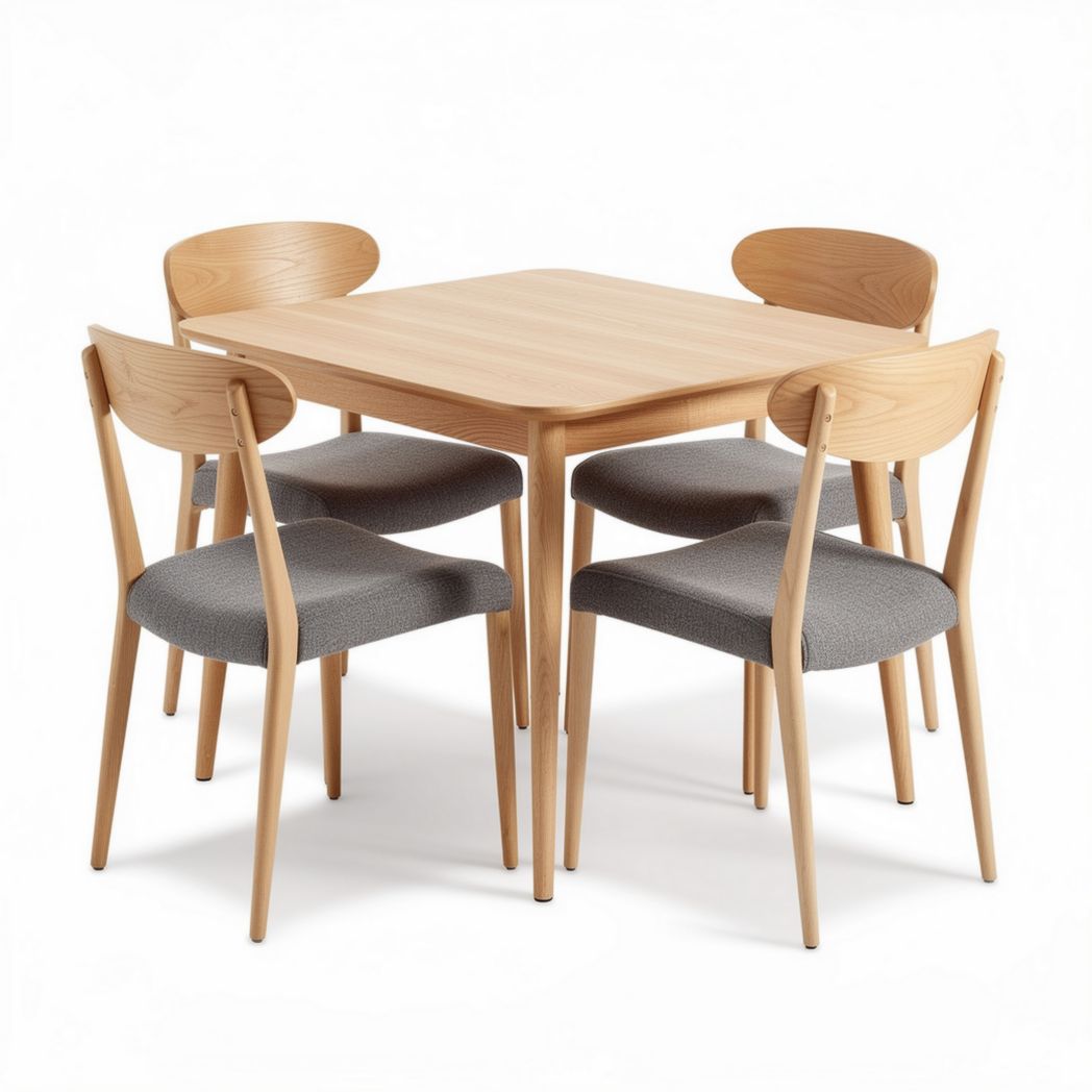 Eettafel van hout met vier stoelen grijs textiel 90 x 90 x 75cm