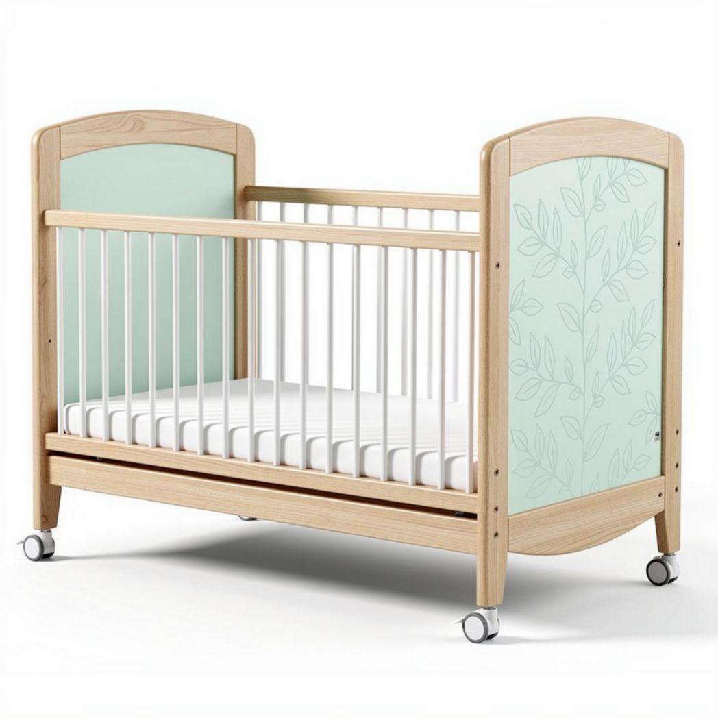 Houten babybed met wieltjes en groene decoratie 120 x 60 x 80cm