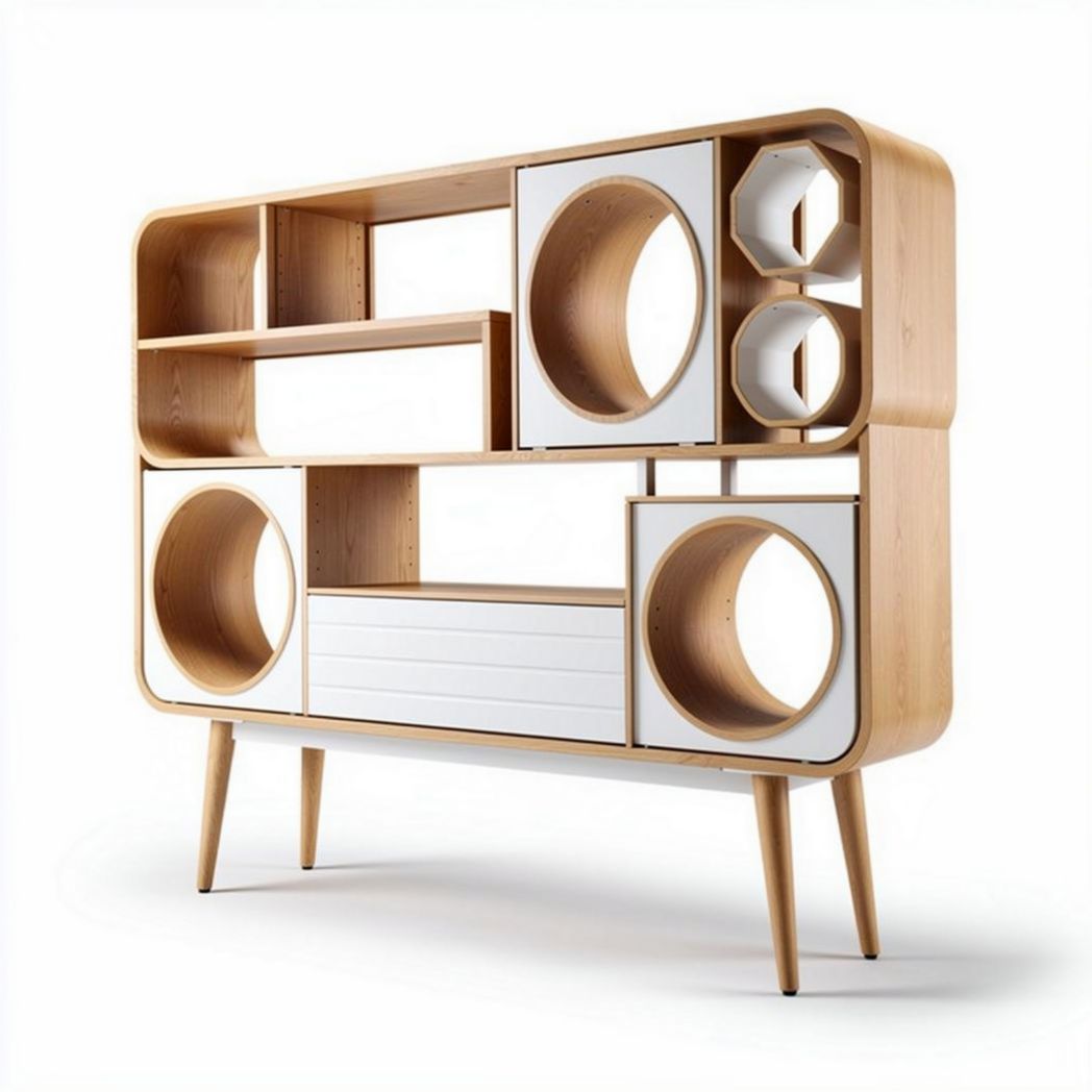 Houten boekenkast met opbergruimte en ronde uitsparingen 150 x 40 x 100cm