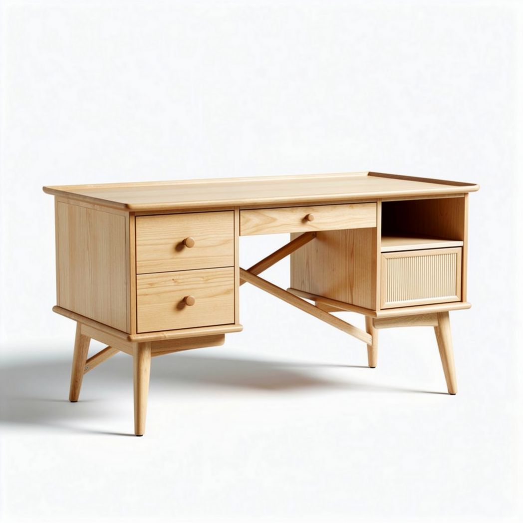 Houten bureau met rotan panelen en ladesafmetingen 120 x 60 x 75cm