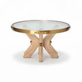 Glazen salontafel met gouden accenten en houten poten 70 x 70 x 45cm
