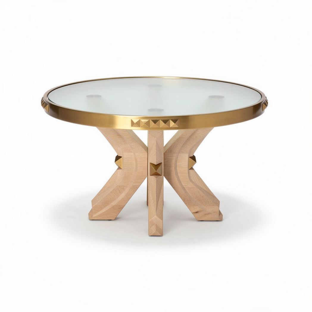Glazen salontafel met gouden accenten en houten poten 70 x 70 x 45cm